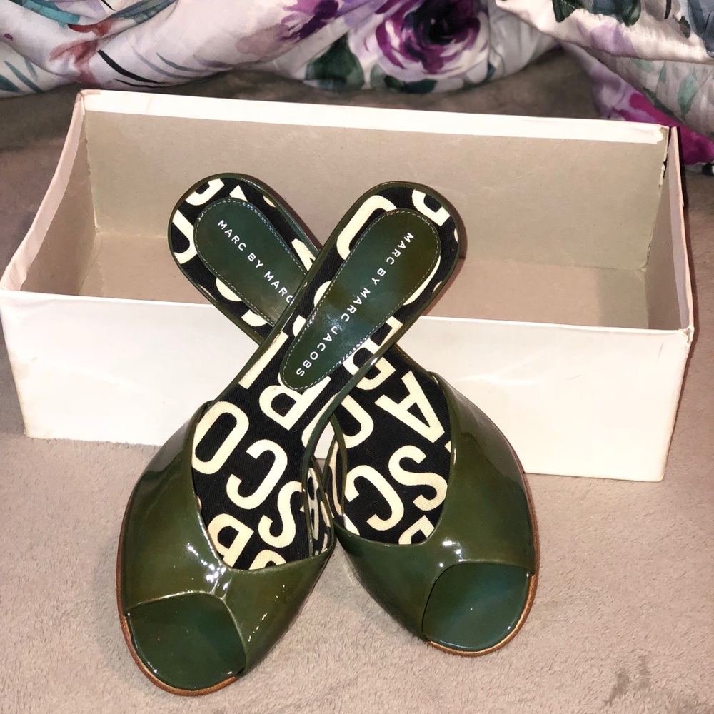 Dark green open toe sling back sandals